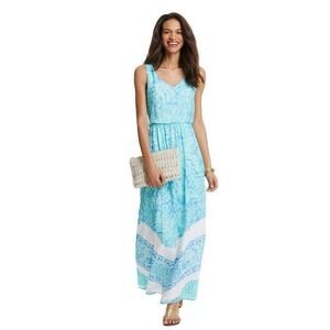 Vineyard Vines Palm Leaf Scarf Print Silk Maxi Dress Size 2 Sleeveless Blue